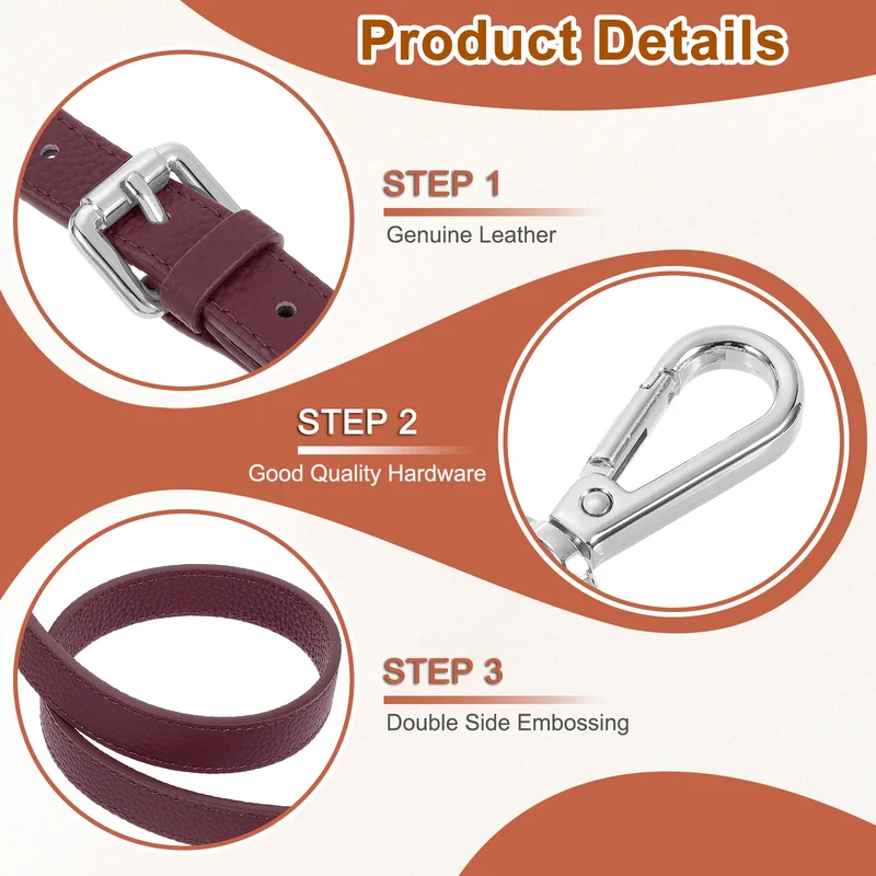 0.6" Genuine Leather Purse Strap for Bag (Burgundy, Silver Buckle)