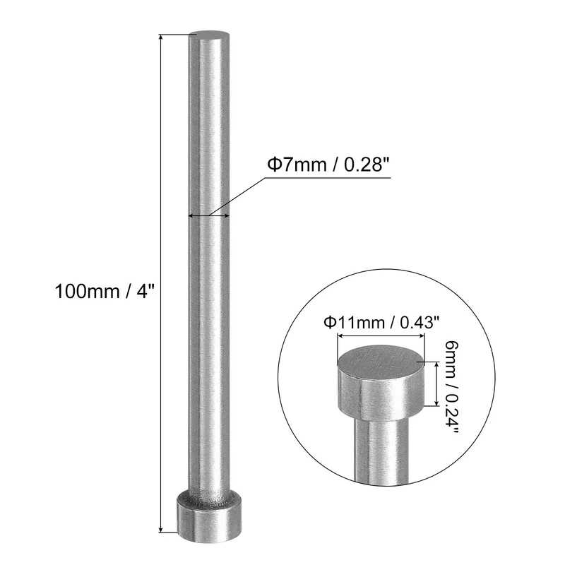 10Pcs Straight Ejector Pins, 7mm (0.28") Dia. SKD61 Round Tip Punch 100mm (4") Long for Mechanical Maintenance