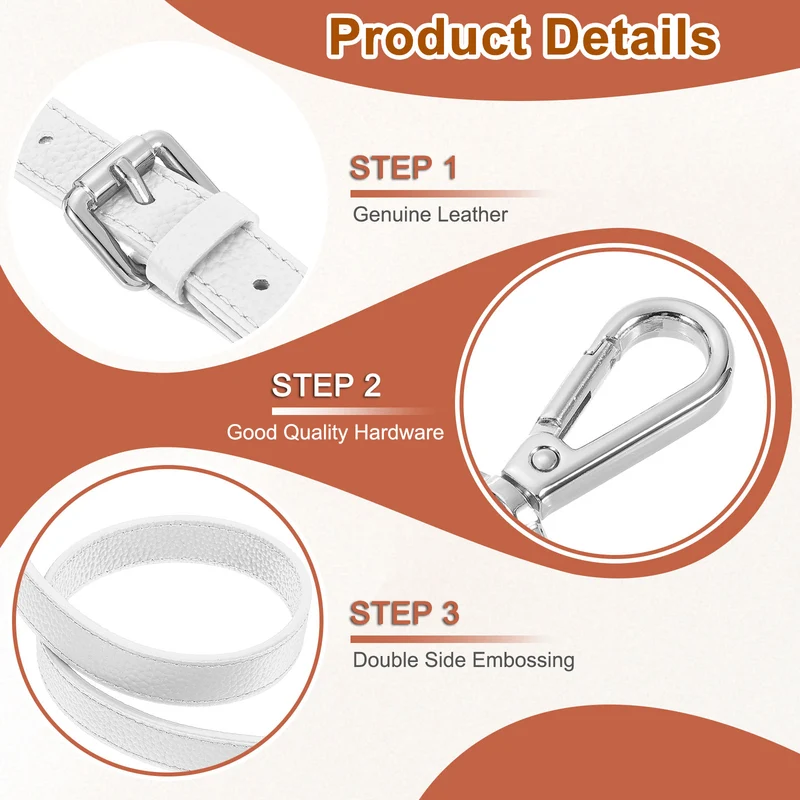 0.7" Genuine Leather Purse Strap for Bag White Silver Buckle