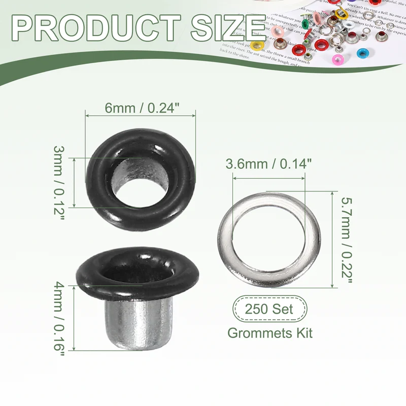 Grommets Kit, Metal Eyelets with Washers 3mm 1/8" & 250 Set & Matte Black