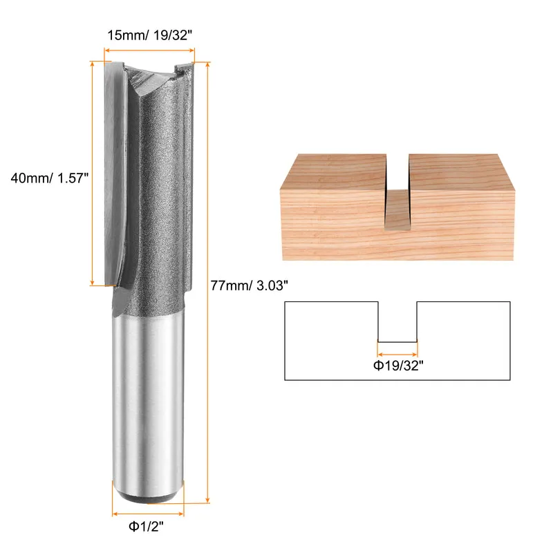 2pcs Straight Router Bit 1/2 Shank 19/32" Cutting Dia 2 Flutes 1.57" YG6 Carbide