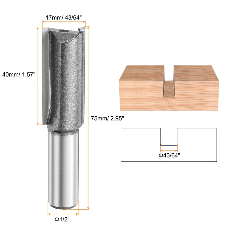 Straight Router Bit 1/2 Shank 43/64" Cutting Dia 2 Flutes 1.57" YG6 Carbide