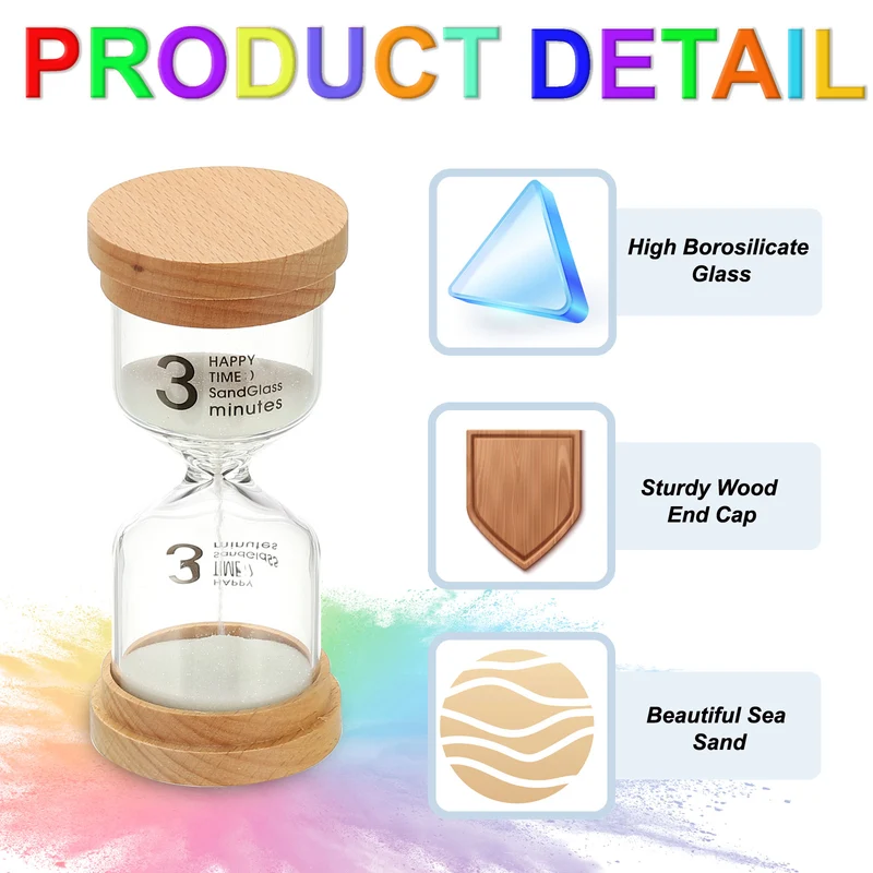 3 Minute Sand Timer, High Borosilicate Glass Wooden Sand Watch, White