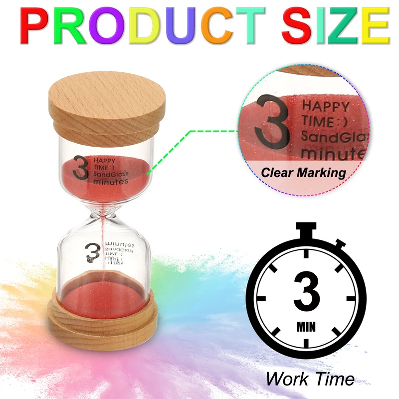 3 Minute Sand Timer, High Borosilicate Glass Wooden Sand Watch, Red