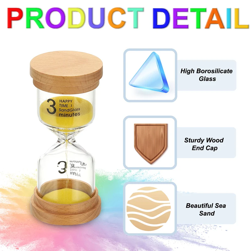 3 Minute Sand Timer, High Borosilicate Glass Wooden Sand Watch, Yellow