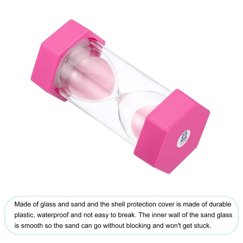 25 Min Sand Timer, Hexagon with Plastic Cover, Count Down Sand Clock Glass Pink