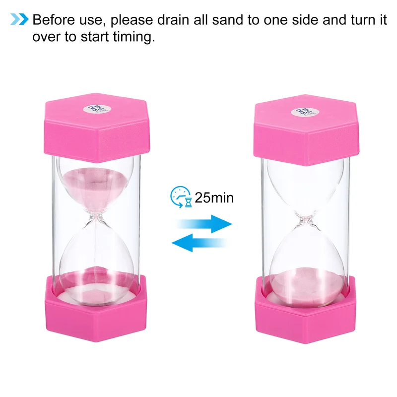25 Min Sand Timer, Hexagon with Plastic Cover, Count Down Sand Clock Glass Pink