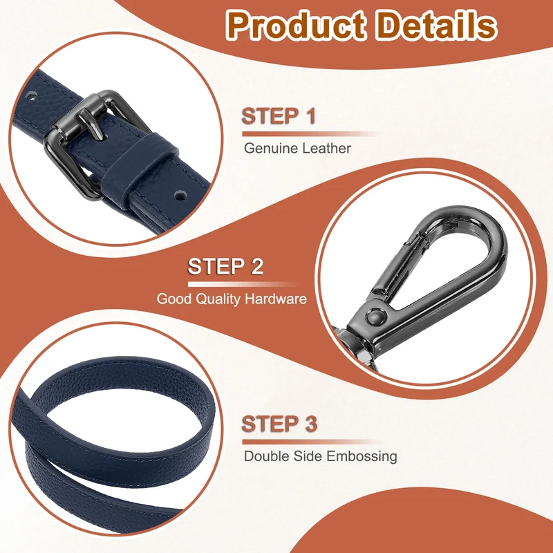 0.6" Genuine Leather Purse Strap for Bag (Dark Blue, Black Buckle)