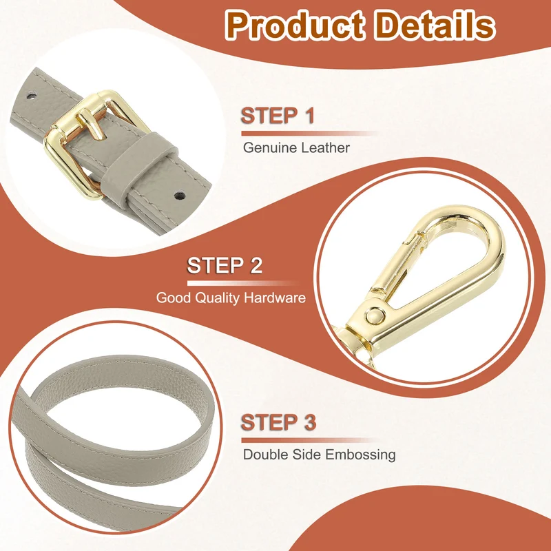 0.7" Genuine Leather Purse Strap for Bag (Grey, Gold Buckle)