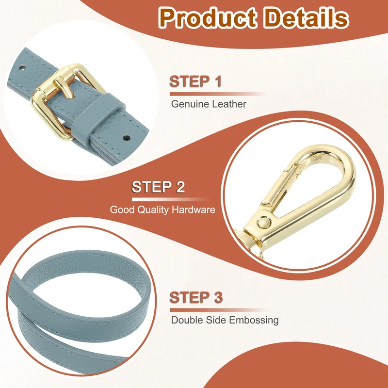 0.7" Genuine Leather Purse Strap for Bag (Linen Blue, Gold Buckle)