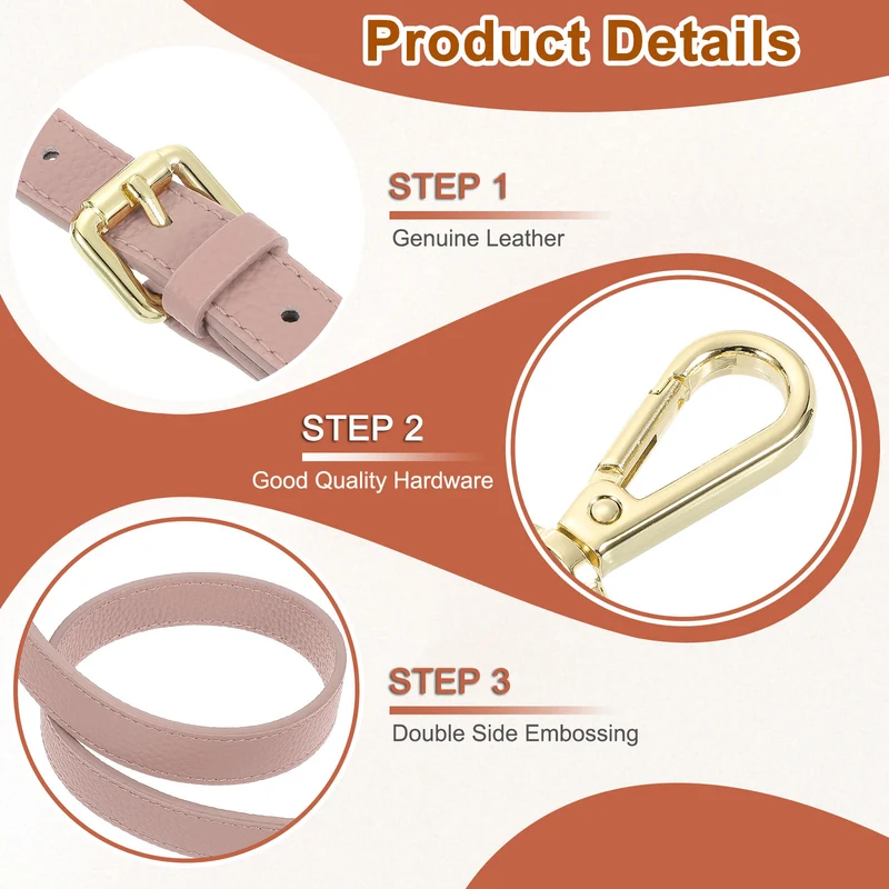 0.7" Genuine Leather Purse Strap for Bag (Pink, Gold Buckle)