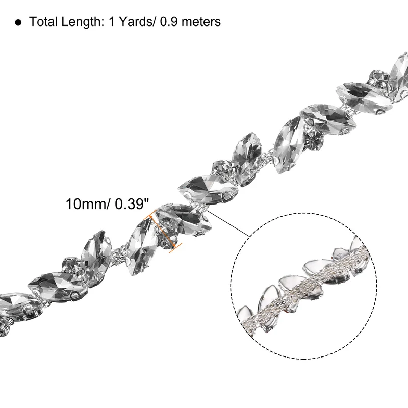 1 Yard Rhinestone Chain Trim, 10mm Shiny Crystal Chain Applique (White)
