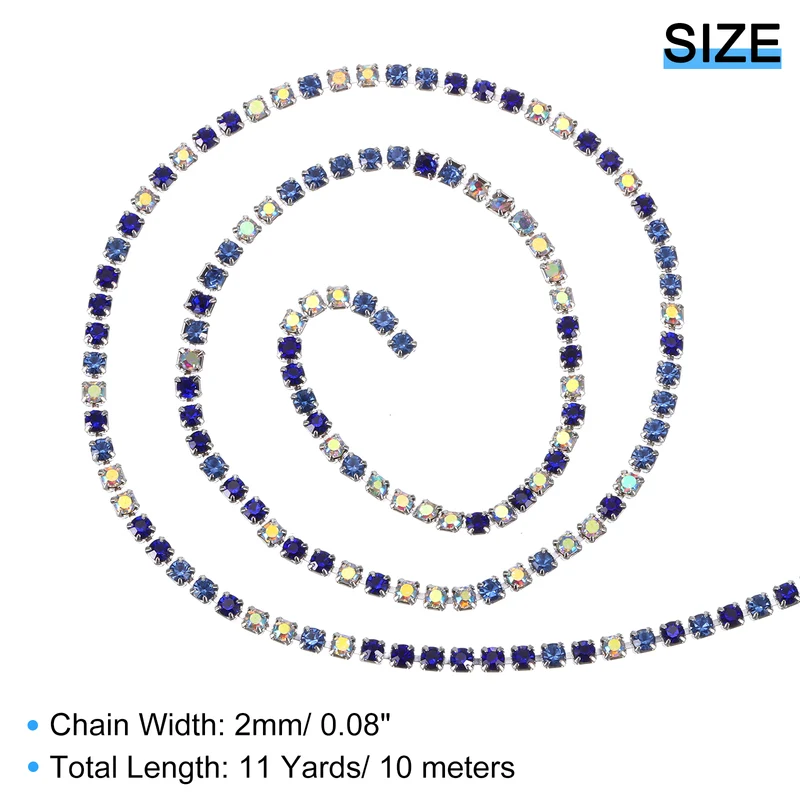 10 Yard Crystal Rhinestone Chain, 2.0mm Close Claw Chain Trim (Blue/AB)