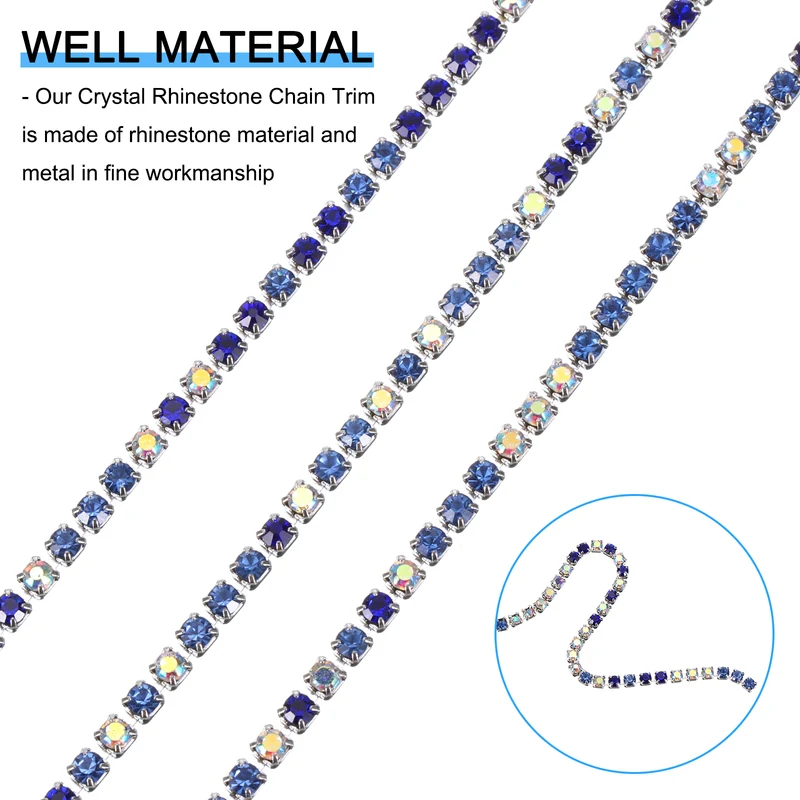 10 Yard Crystal Rhinestone Chain, 2.0mm Close Claw Chain Trim (Blue/AB)