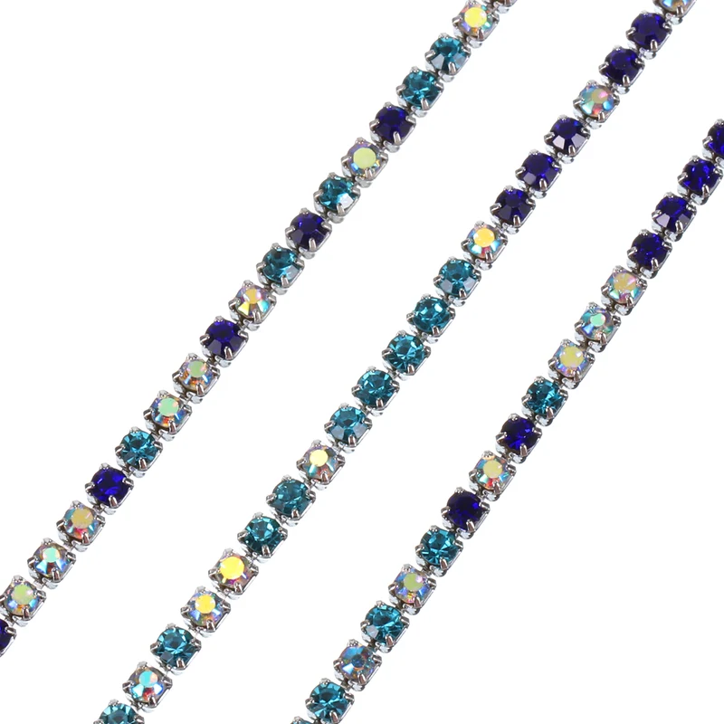 10 Yard Crystal Rhinestone Chain, 2.0mm Close Claw Chain Trim (Blue/White AB)