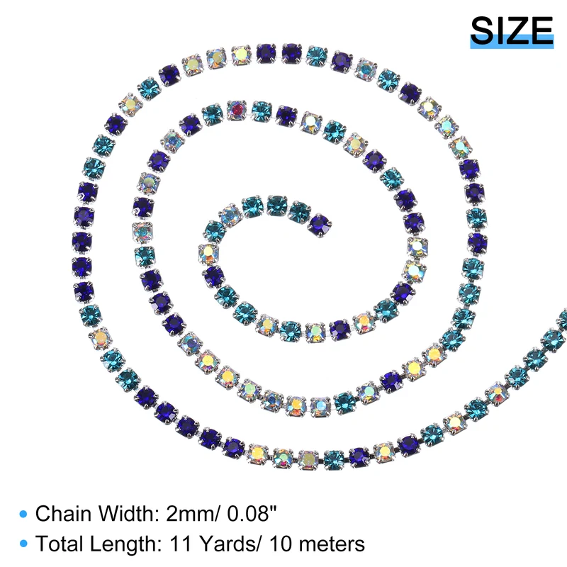 10 Yard Crystal Rhinestone Chain, 2.0mm Close Claw Chain Trim (Blue/White AB)