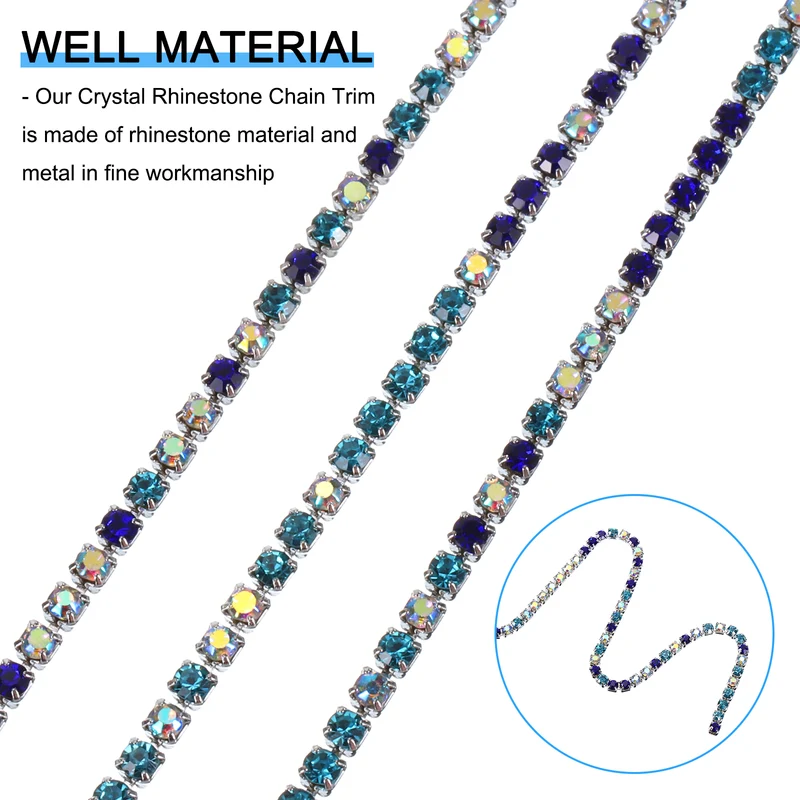 10 Yard Crystal Rhinestone Chain, 2.0mm Close Claw Chain Trim (Blue/White AB)