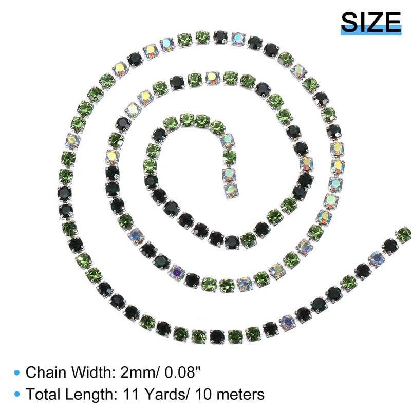 10 Yard Crystal Rhinestone Chain, 2.0mm Close Claw Chain Trim (Green/White AB)