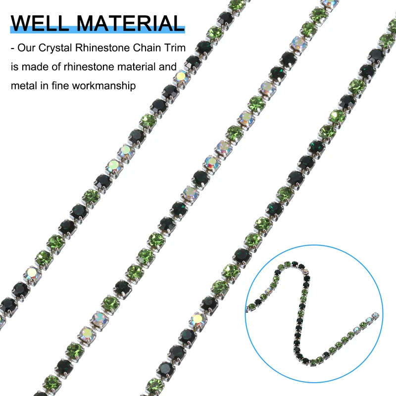 10 Yard Crystal Rhinestone Chain, 2.0mm Close Claw Chain Trim (Green/White AB)