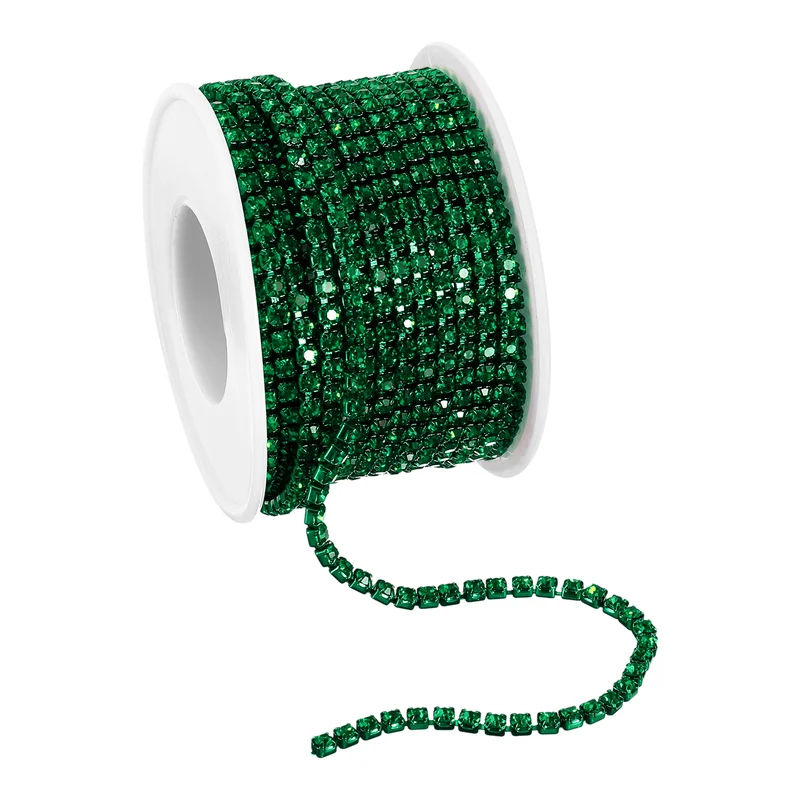 10 Yard Crystal Rhinestone Chain, 3.0mm Close Claw Chain Trim, Dark Green