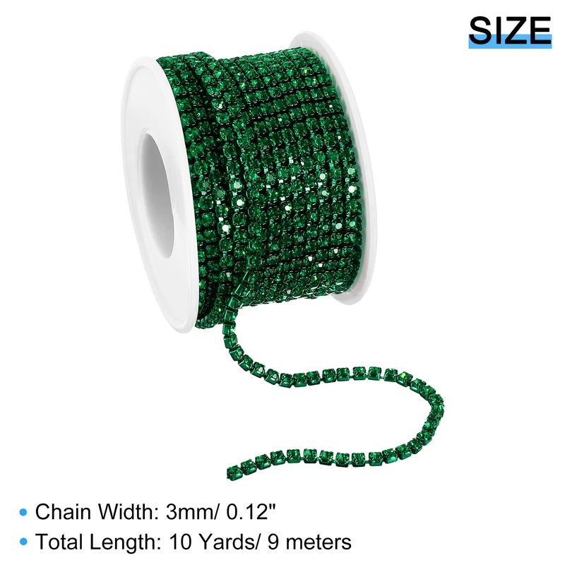 10 Yard Crystal Rhinestone Chain, 3.0mm Close Claw Chain Trim, Dark Green