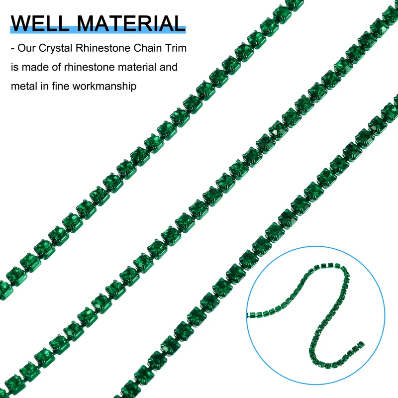 10 Yard Crystal Rhinestone Chain, 3.0mm Close Claw Chain Trim, Dark Green