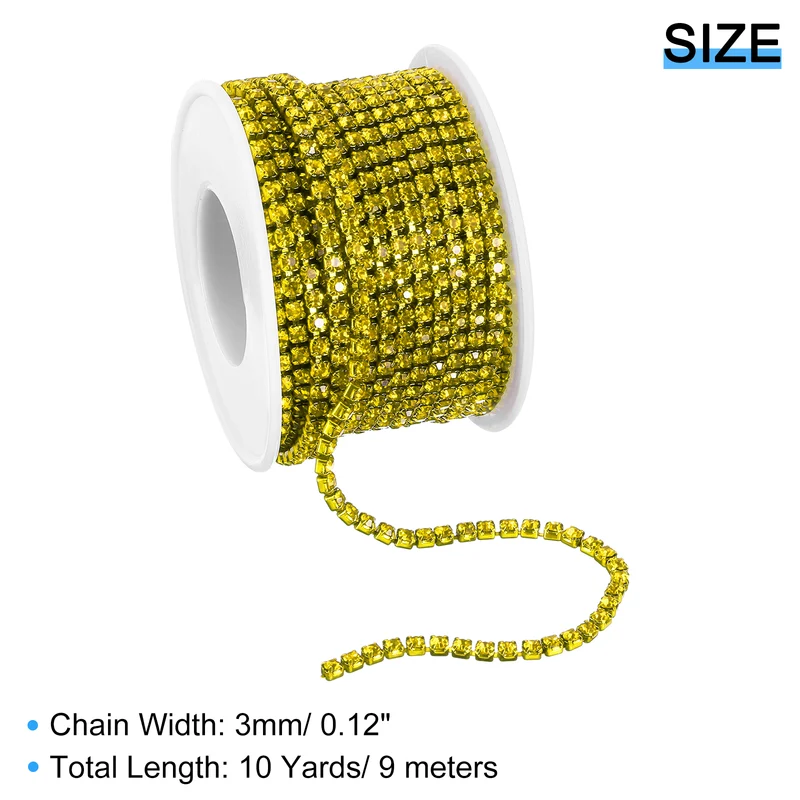 10 Yard Crystal Rhinestone Chain, 3.0mm Close Claw Chain Trim, Lemon Yellow