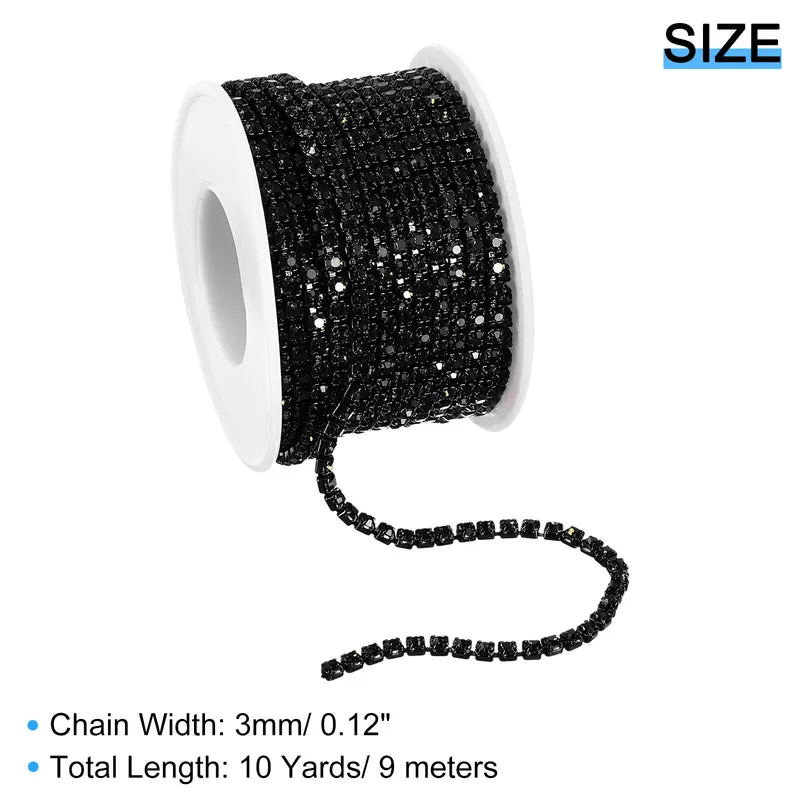 10 Yard Crystal Rhinestone Chain, 3.0mm Close Claw Chain Trim, Black