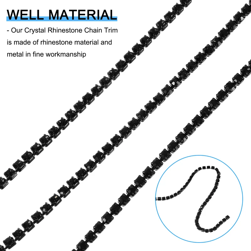 10 Yard Crystal Rhinestone Chain, 3.0mm Close Claw Chain Trim, Black