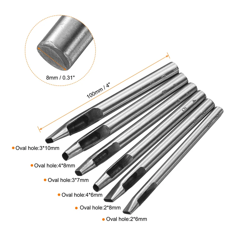 6pcs Oval Hole Punch Set Leather Hollow Cutter Oblong Punch Die for Strap Belt