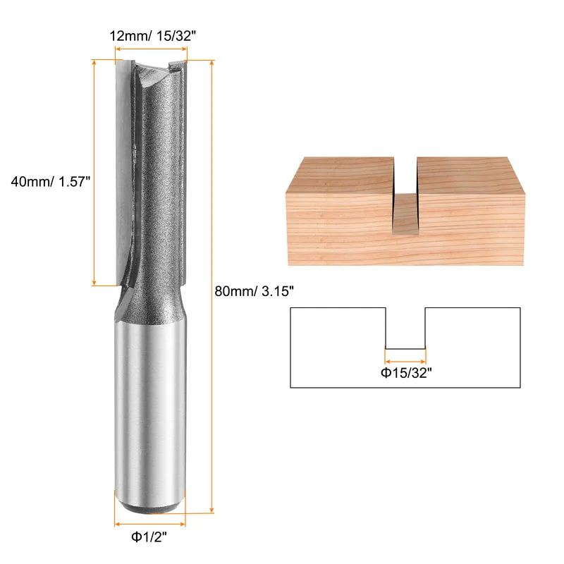 Straight Router Bit 1/2 Shank 15/32" Cutting Dia 2 Flutes 1.57" YG6 Carbide