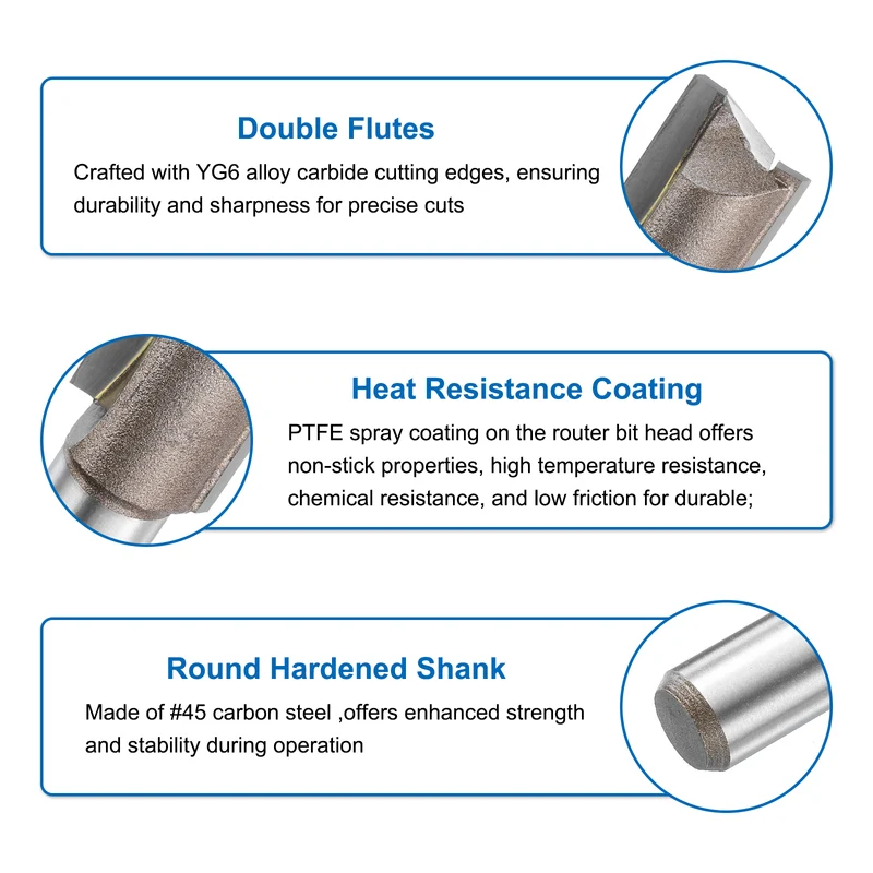 2pcs Straight Router Bit 1/2 Shank 3/4" Cutting Dia 2 Flutes 1.18" YG6 Carbide