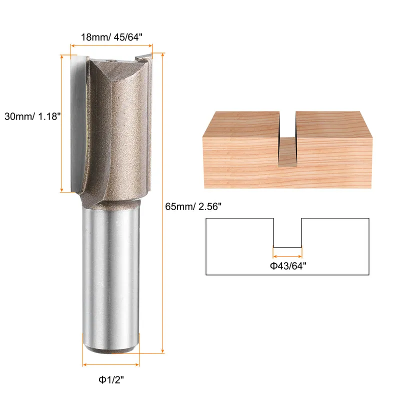 2pcs Straight Router Bit 1/2 Shank 45/64" Cutting Dia 2 Flutes 1.18" YG6 Carbide