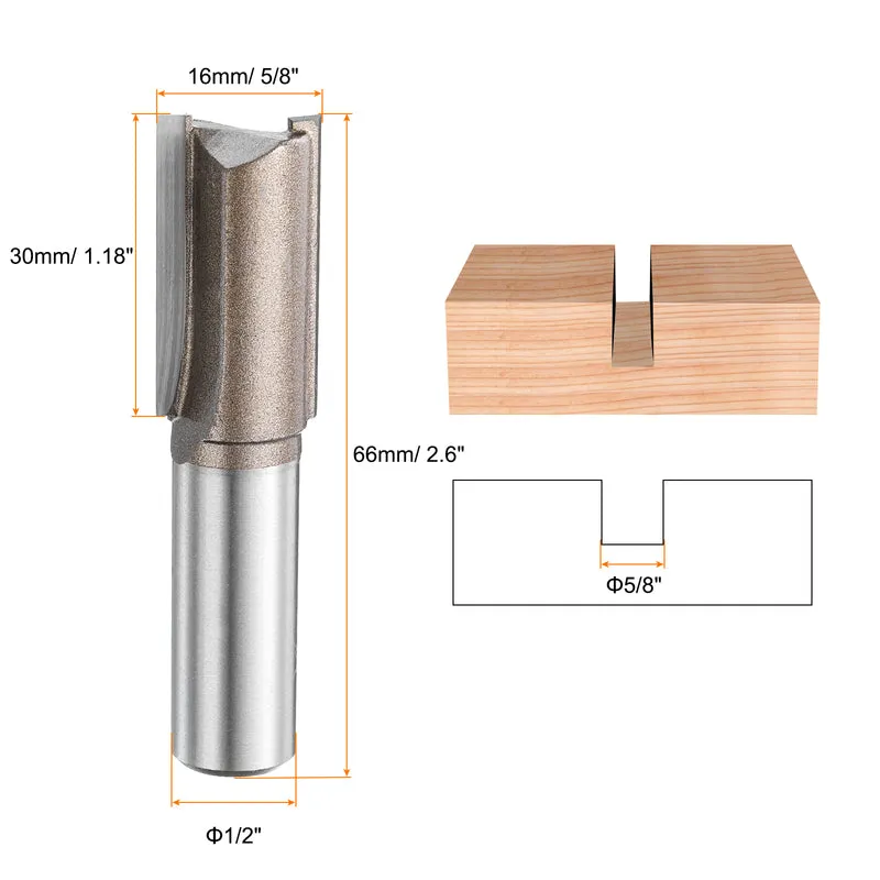 2pcs Straight Router Bit 1/2 Shank 5/8" Cutting Dia 2 Flutes 1.18" YG6 Carbide