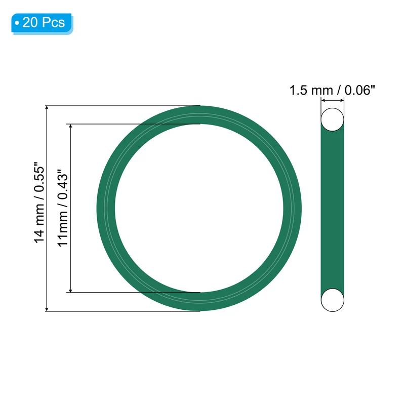 20Pcs Fluorine Rubber O-Ring 14mm OD 11mm ID 1.5mm Width,FKM Seal Gasket,Green