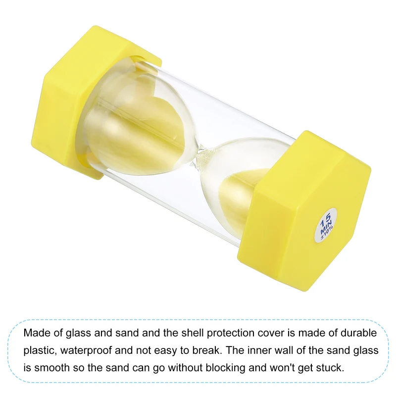 15 Min Sand Timer,Hexagon with Plastic Cover,Count Down Sand Clock Glass Yellow