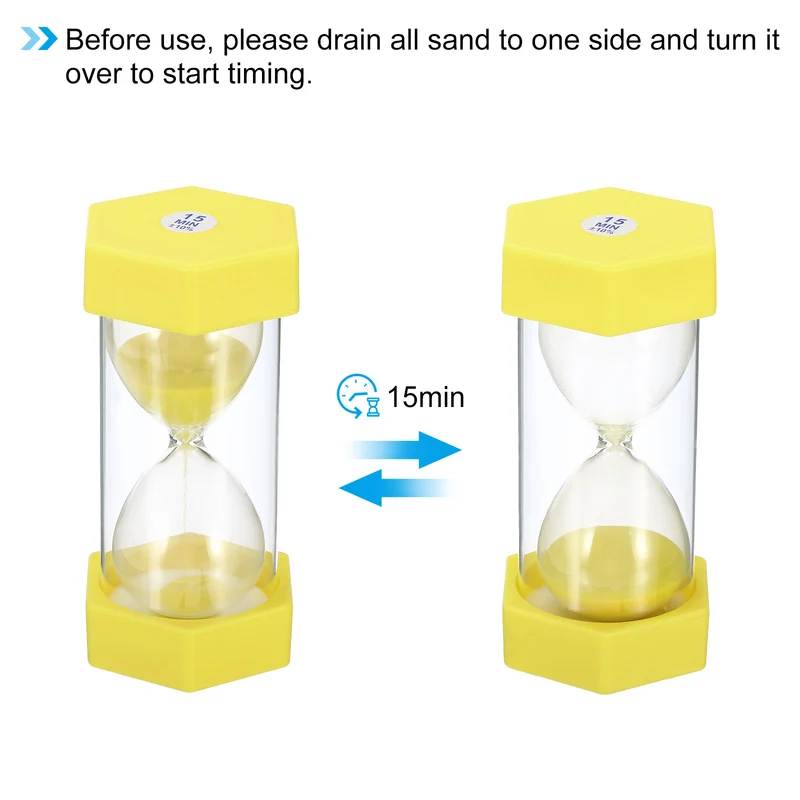 15 Min Sand Timer,Hexagon with Plastic Cover,Count Down Sand Clock Glass Yellow