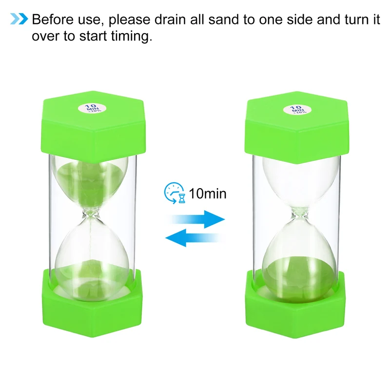 10 Min Sand Timer, Hexagon with Plastic Cover, Count Down Sand Clock Glass Green