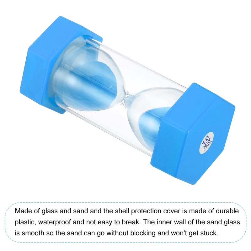 10 Min Sand Timer, Hexagon with Plastic Cover, Count Down Sand Clock Glass Blue