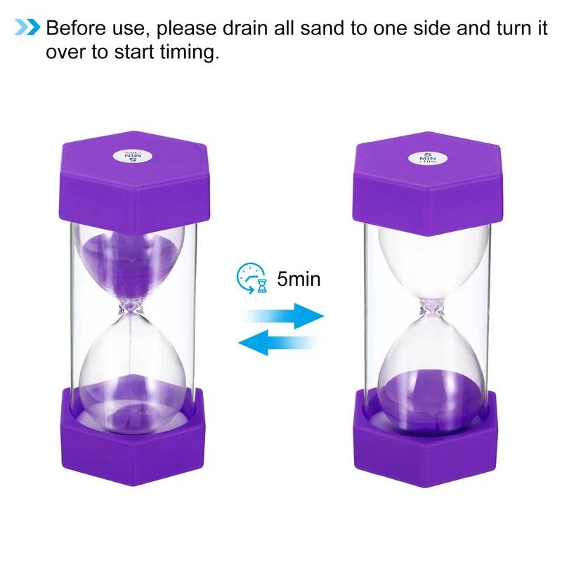 5 Min Sand Timer, Hexagon with Plastic Cover, Count Down Sand Clock Glass Purple