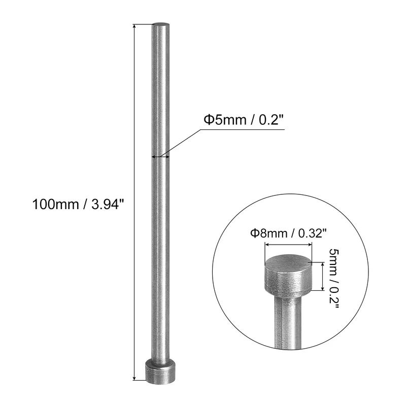 Straight Ejector Pins, 5mm Dia 65Mn Steel Round Tip Punch 100 Long 20Pcs