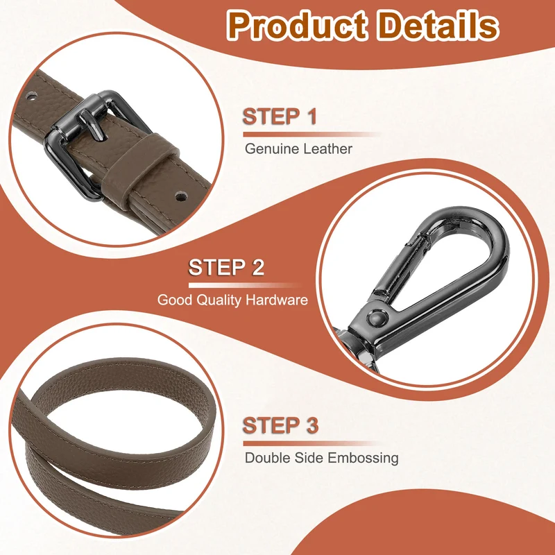0.6" Genuine Leather Purse Strap for Bag (Khaki, Black Buckle)