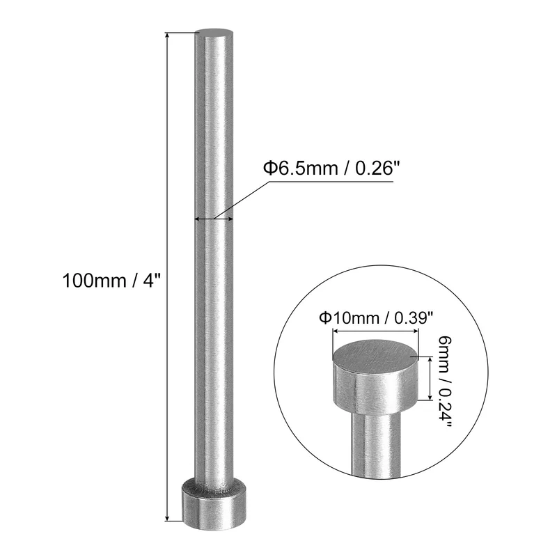 5Pcs Straight Ejector Pins, 6.5mm (0.26") Dia. SKD61 Round Tip Punch 100mm (4") Long for Mechanical Maintenance