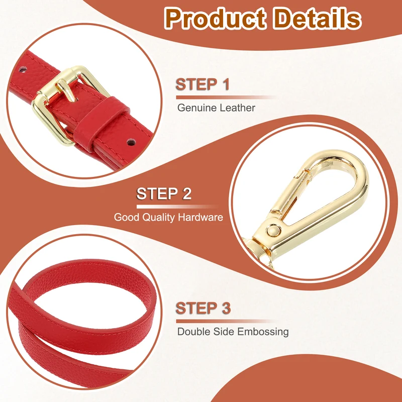 0.7" Genuine Leather Purse Strap for Bag Bright Red Gold Buckle