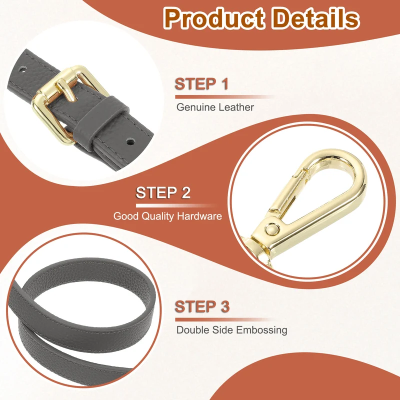 0.7" Genuine Leather Purse Strap for Bag (Dark Gray, Gold Buckle)