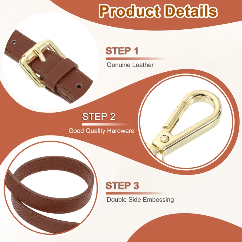 0.7" Genuine Leather Purse Strap for Bag Caramel Gold Buckle