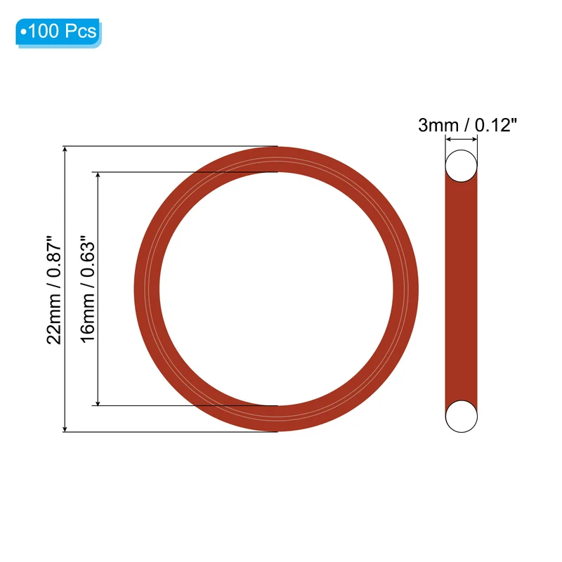 100Pcs Silicone O-Ring 22mm OD 16mm ID 3mm Width VMQ Sealing Gasket, Red