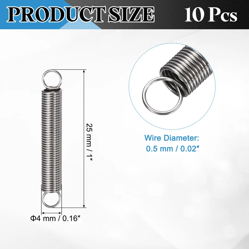 Extension Spring 10pcs Wire Dia 0.02" OD 0.16" Free Length 1"