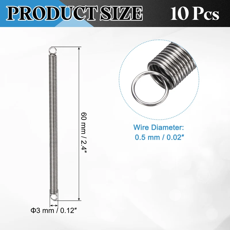 Extension Spring 10pcs Wire Dia 0.02" OD 0.12" Free Length 2.4"