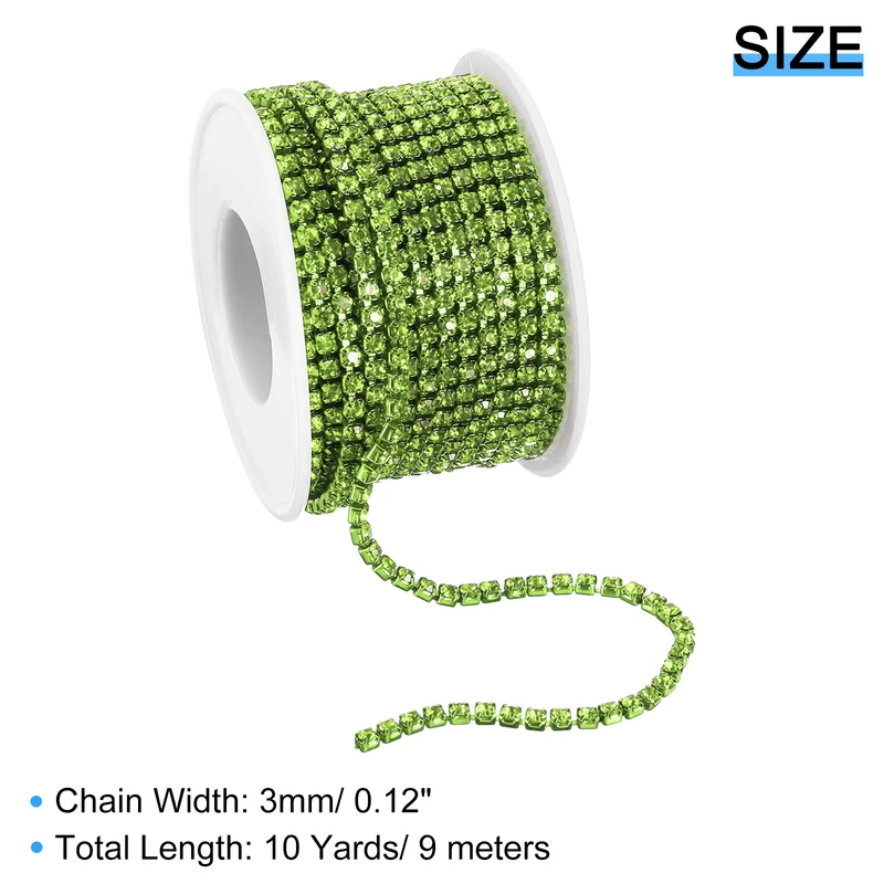 10 Yard Crystal Rhinestone Chain, 3.0mm Close Claw Chain Trim, Light Green